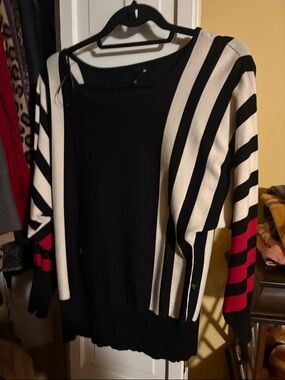 VIP Black & White Striped Cardigan with Red Sleeve Accent